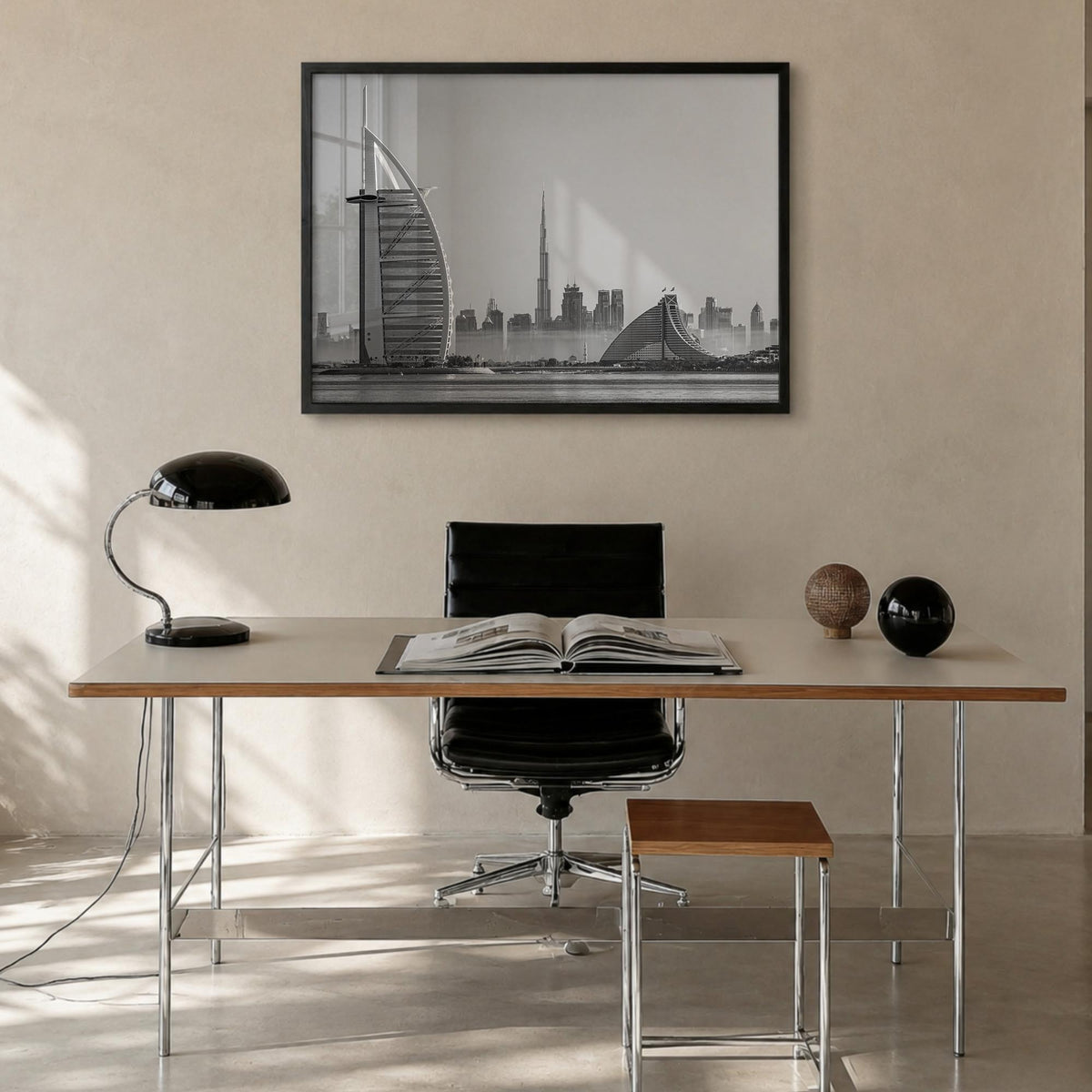 Dubai black & white photo poster of United Arab Emirates – horizontal wall art in black wood frame, hanging on wall