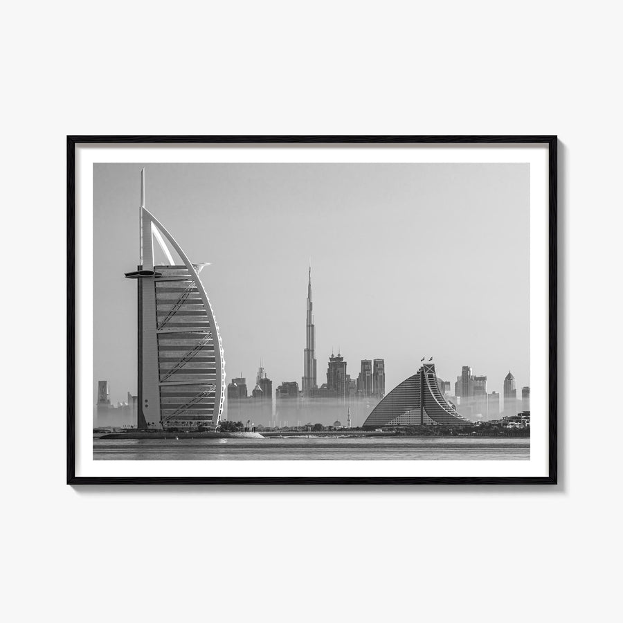 Dubai black & white photo poster of United Arab Emirates – horizontal wall art, unframed print shown in interior mockup