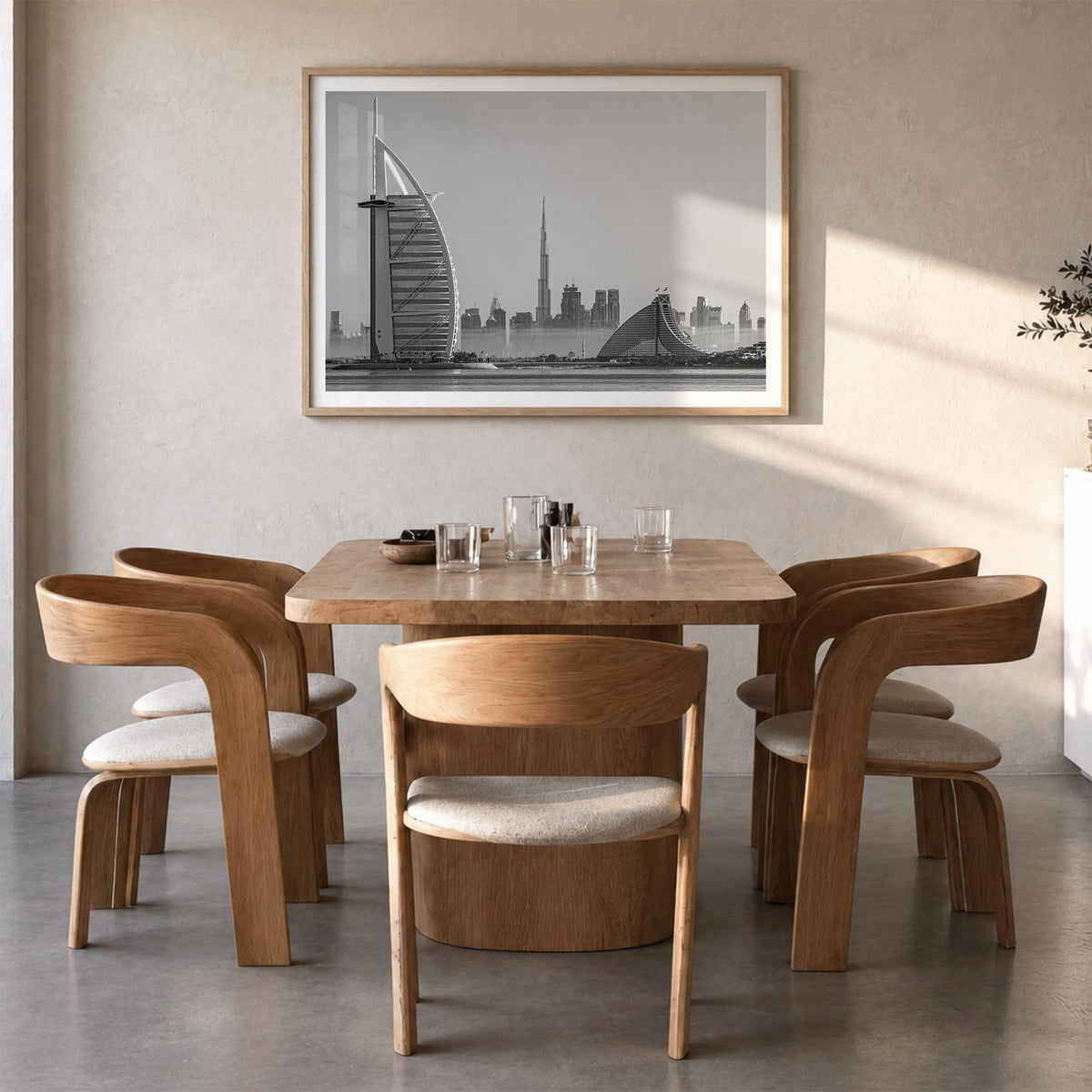 Dubai black & white photo poster of United Arab Emirates – horizontal wall art in natural wood frame with white border, hangi