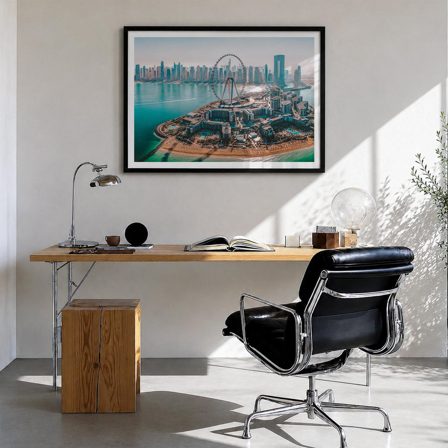 Dubai colorful photo poster of United Arab Emirates – horizontal wall art in black wood frame with white border, hanging on w