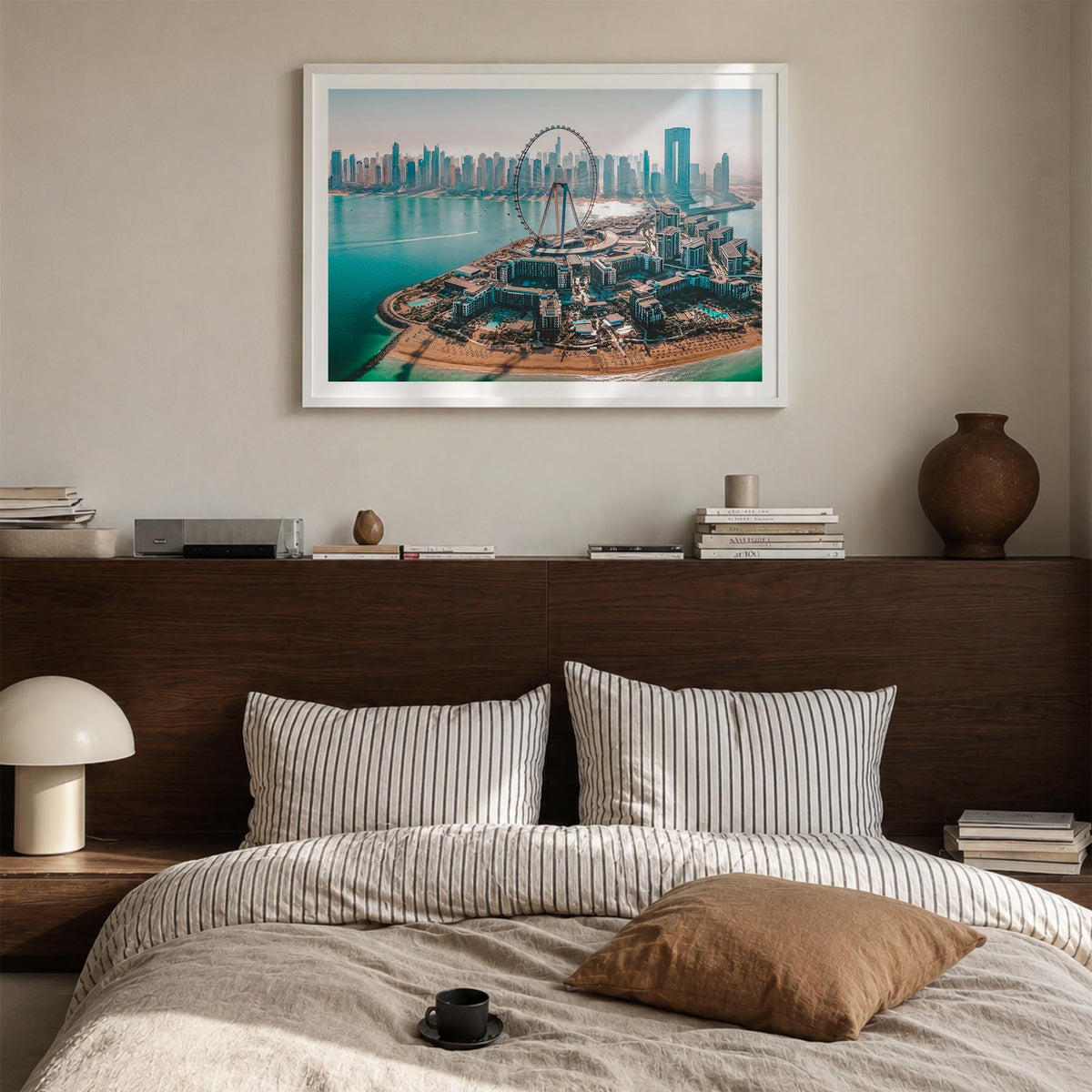 Dubai colorful photo poster of United Arab Emirates – horizontal wall art in white wood frame with white border, hanging on w