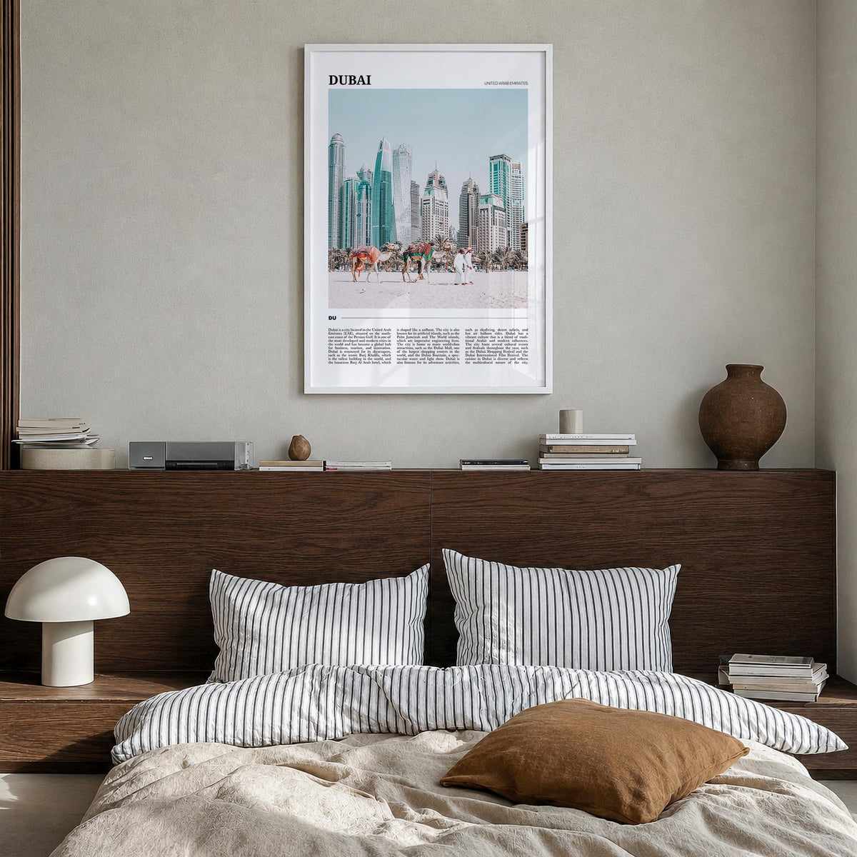 Dubai colorful travel poster of United Arab Emirates – vertical wall art in white wood frame, hanging on wall
