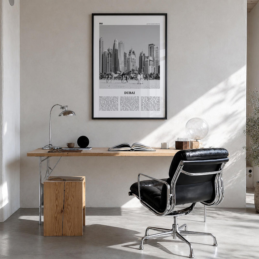 Dubai no. 1 black & white newspaper poster of United Arab Emirates – vertical wall art in black wood frame, hanging on wall