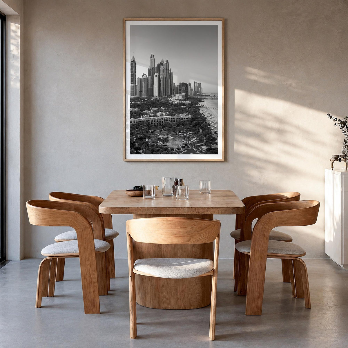 Dubai no. 1 black & white photo poster of United Arab Emirates – vertical wall art in natural wood frame with white border, h