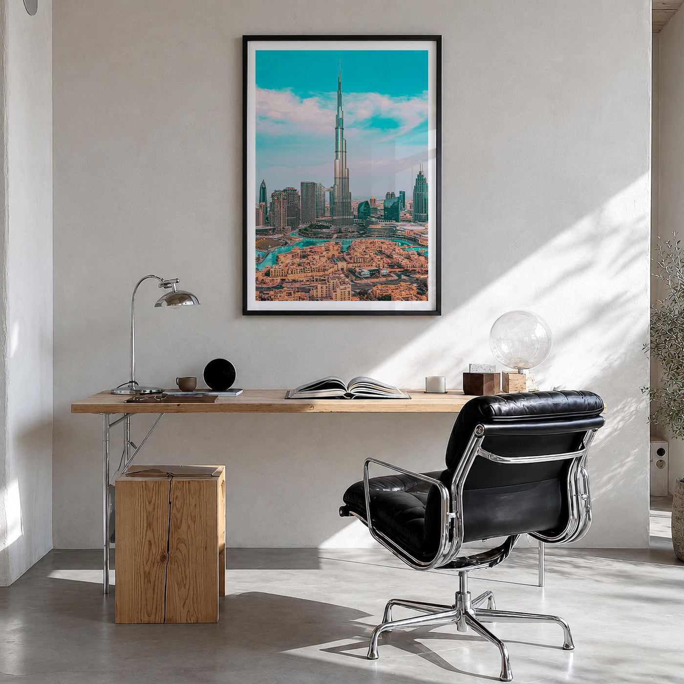 Dubai no. 1 colorful photo poster of United Arab Emirates – vertical wall art in black wood frame with white border, hanging 