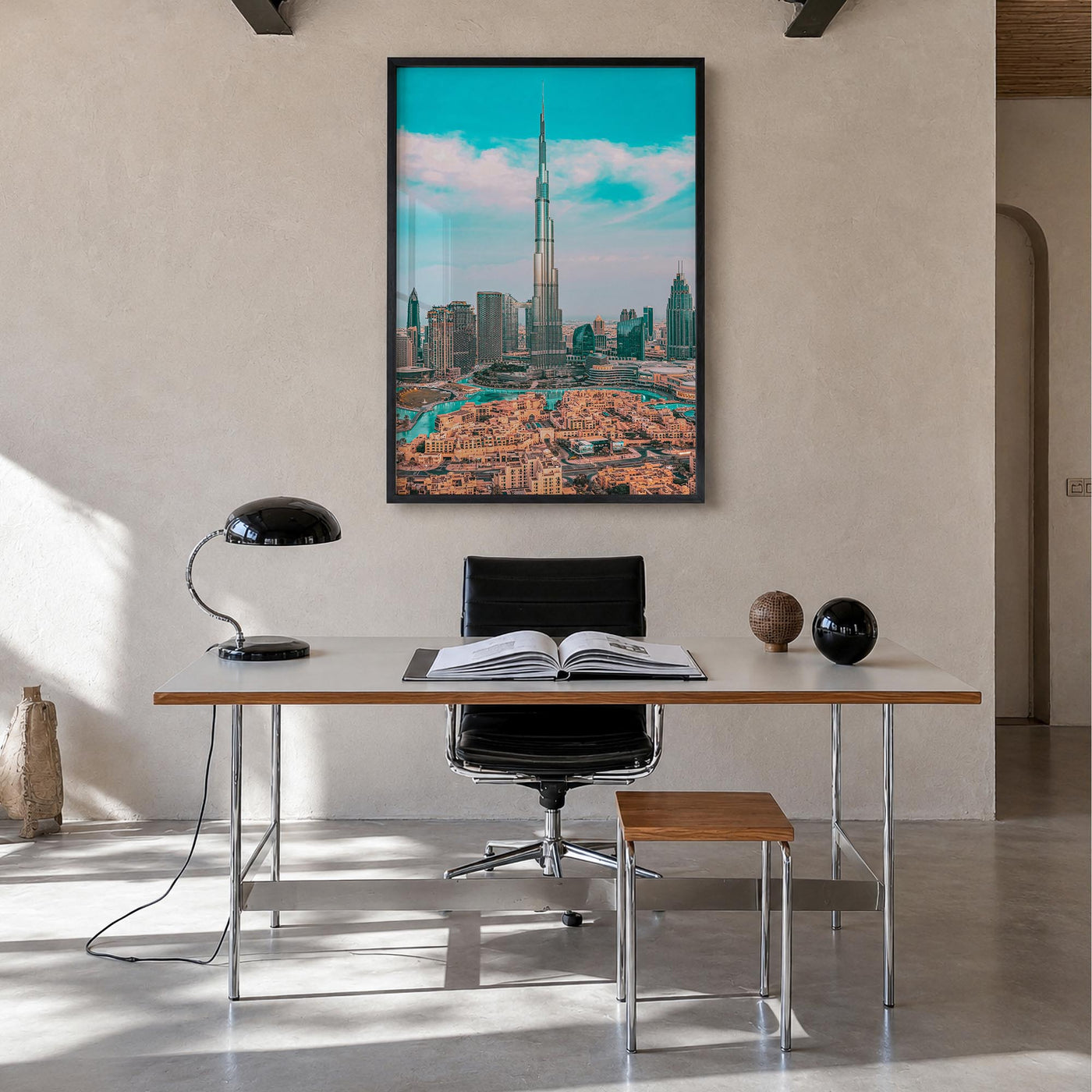 Dubai no. 1 colorful photo poster of United Arab Emirates – vertical wall art in black wood frame, hanging on wall