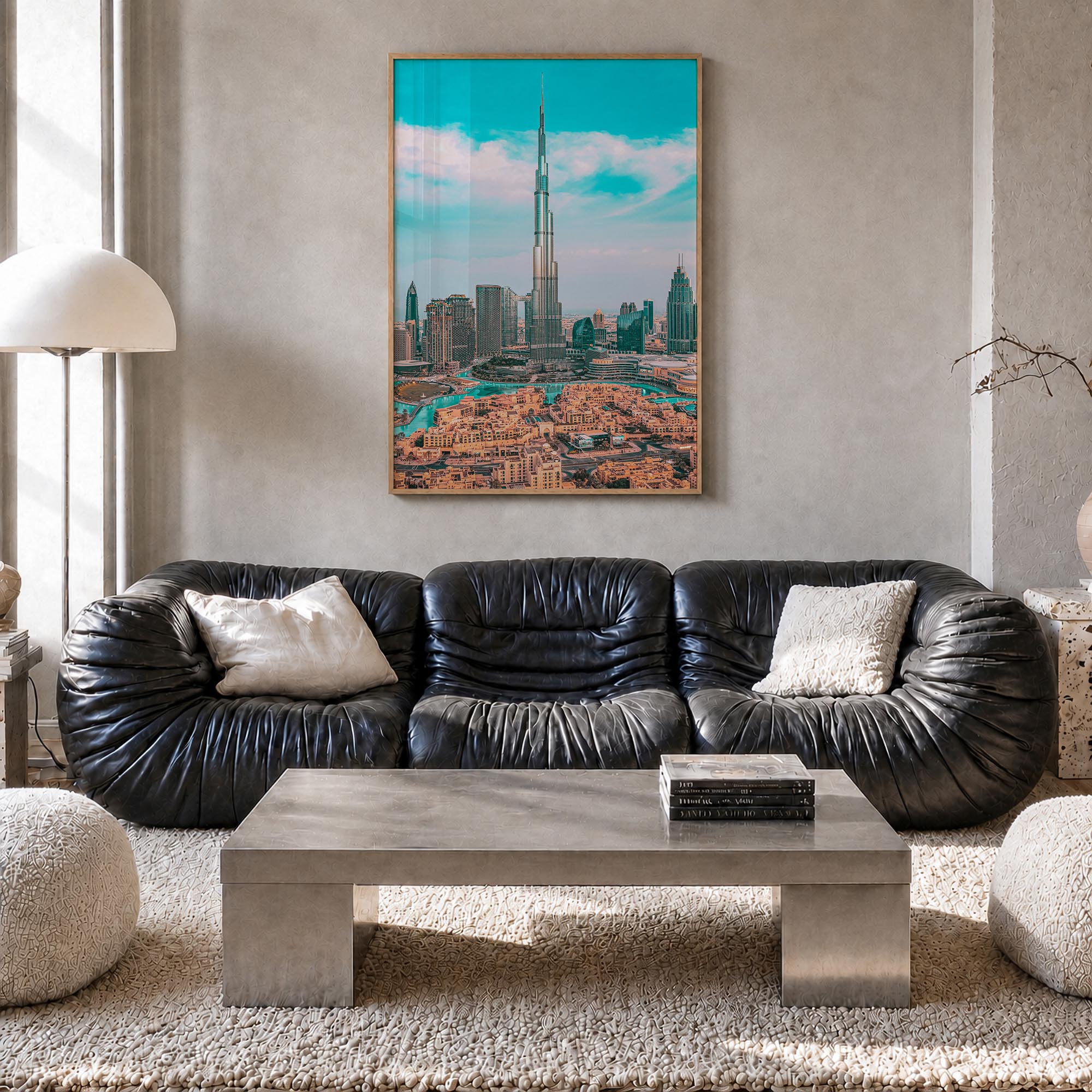Dubai no. 1 colorful photo poster of United Arab Emirates – vertical wall art in natural wood frame, hanging on wall