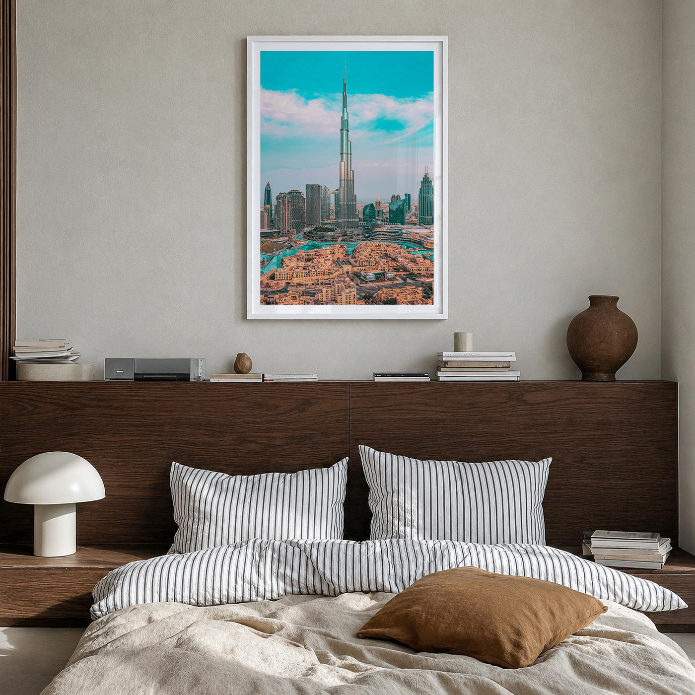 Dubai no. 1 colorful photo poster of United Arab Emirates – vertical wall art in white wood frame with white border, hanging 