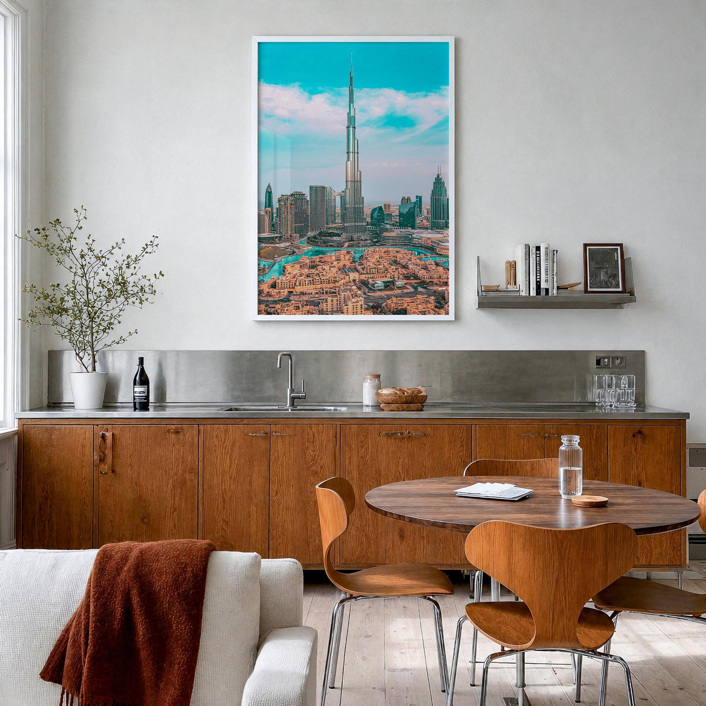 Dubai no. 1 colorful photo poster of United Arab Emirates – vertical wall art in white wood frame, hanging on wall