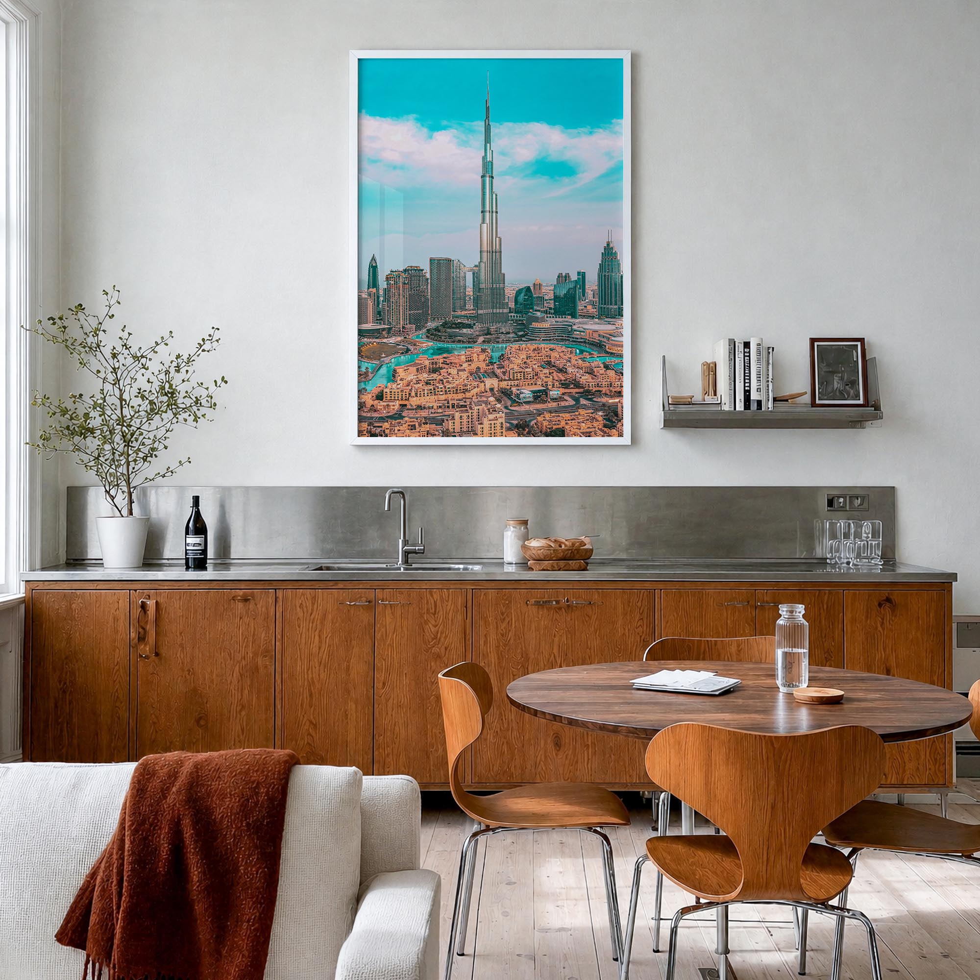 Dubai no. 1 colorful photo poster of United Arab Emirates – vertical wall art in white wood frame, hanging on wall