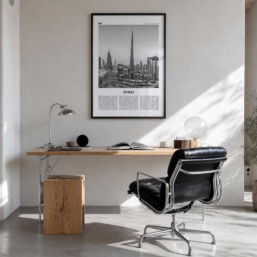 Dubai no. 2 black & white newspaper poster of United Arab Emirates – vertical wall art in black wood frame, hanging on wall