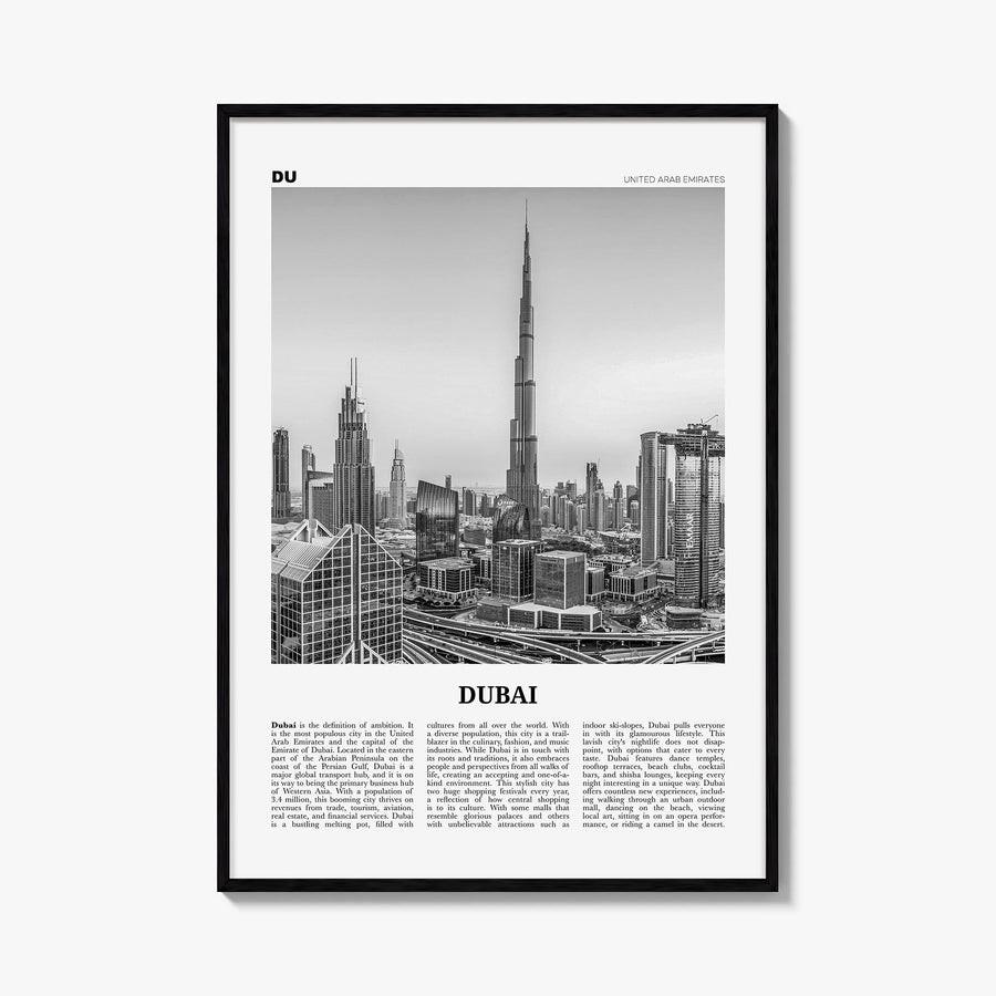Dubai no. 2 black & white newspaper poster of United Arab Emirates – vertical wall art, unframed print shown in interior mock