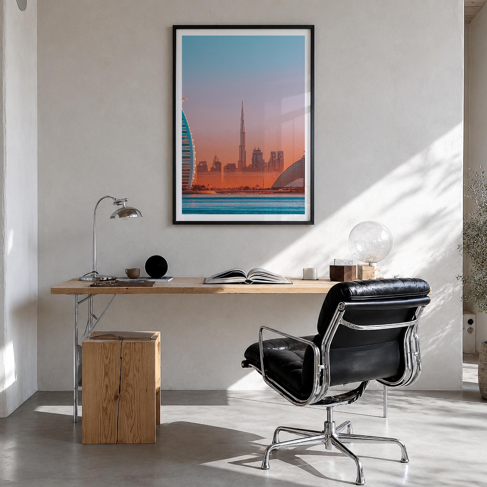 Dubai no. 2 colorful photo poster of United Arab Emirates – vertical wall art in black wood frame with white border, hanging 