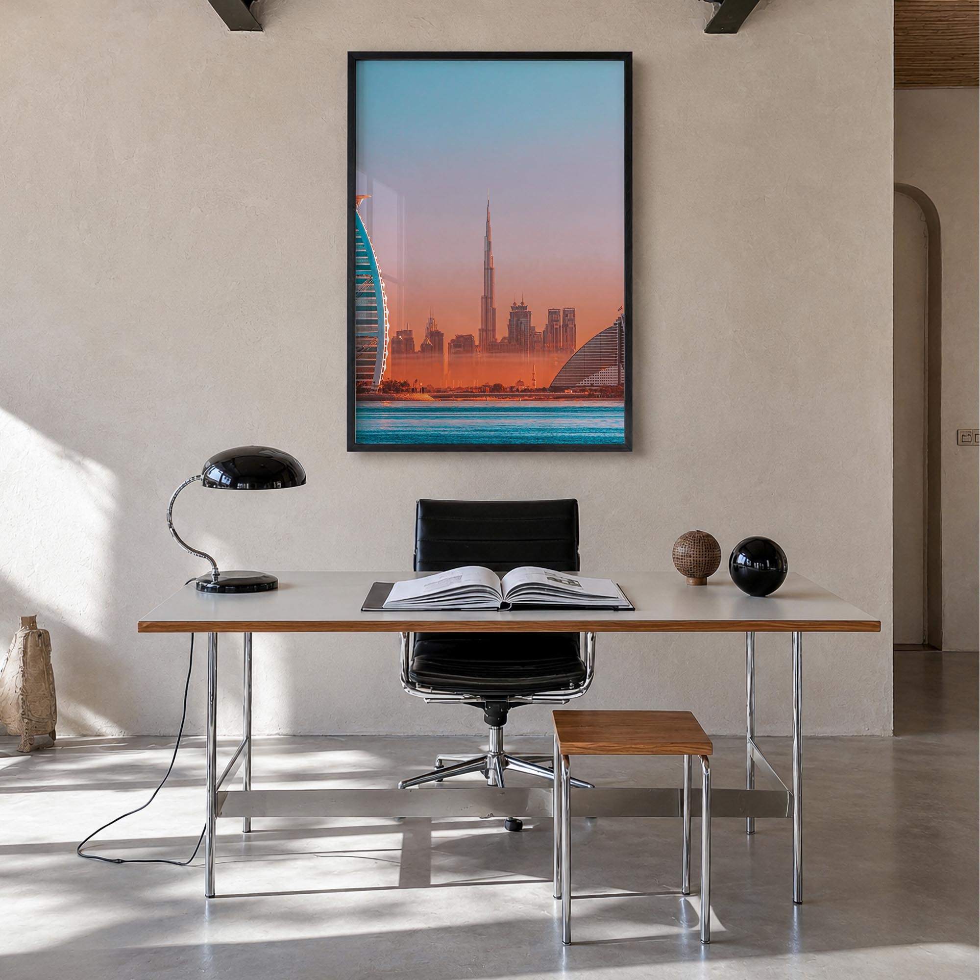 Dubai no. 2 colorful photo poster of United Arab Emirates – vertical wall art in black wood frame, hanging on wall