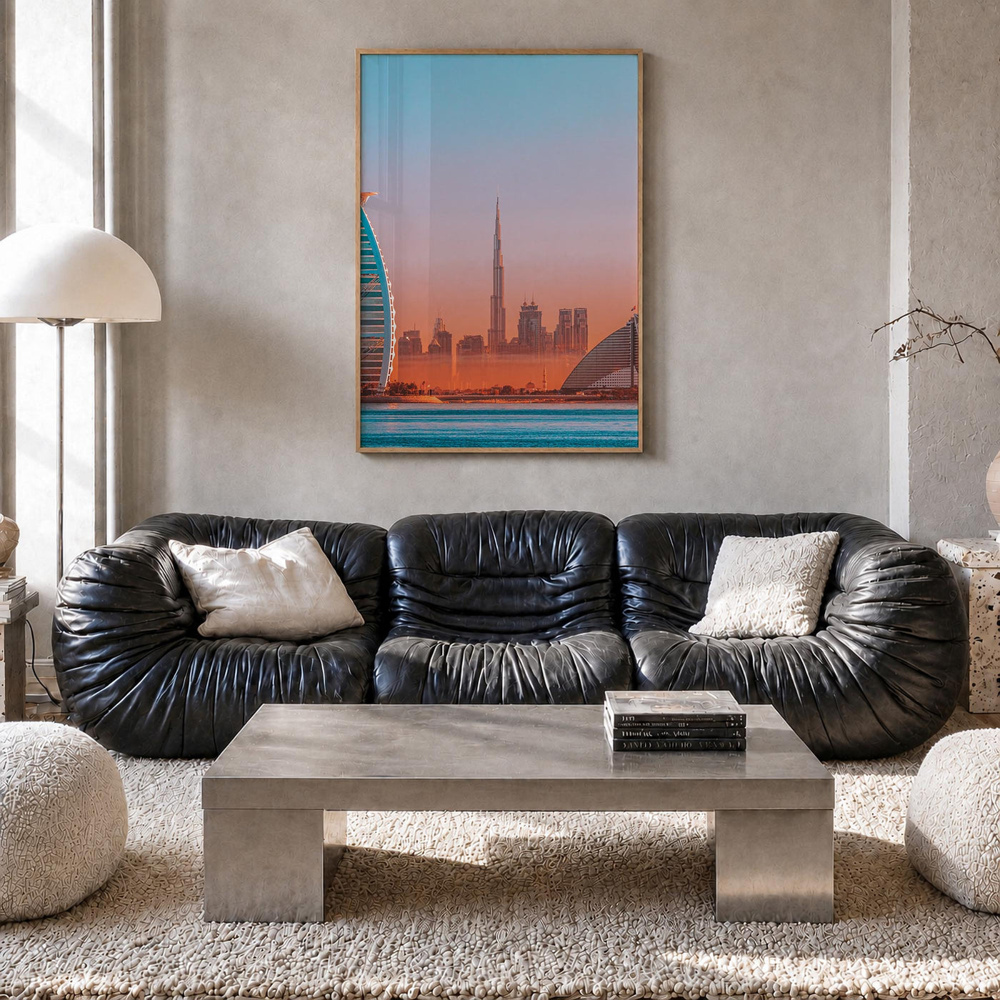 Dubai no. 2 colorful photo poster of United Arab Emirates – vertical wall art in natural wood frame, hanging on wall