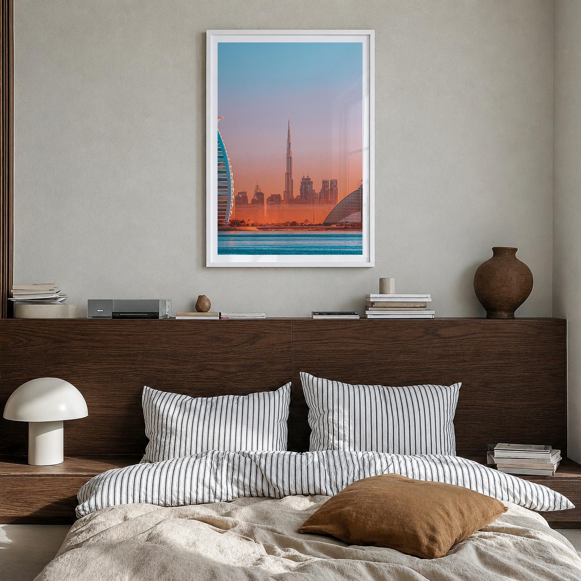 Dubai no. 2 colorful photo poster of United Arab Emirates – vertical wall art in white wood frame with white border, hanging 