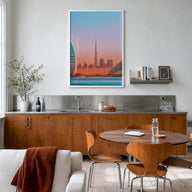 Dubai no. 2 colorful photo poster of United Arab Emirates – vertical wall art in white wood frame, hanging on wall