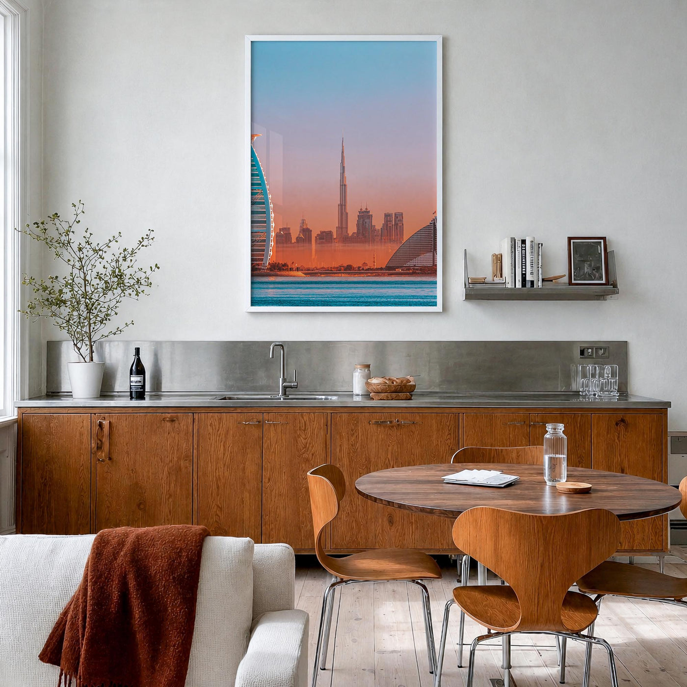 Dubai no. 2 colorful photo poster of United Arab Emirates – vertical wall art in white wood frame, hanging on wall