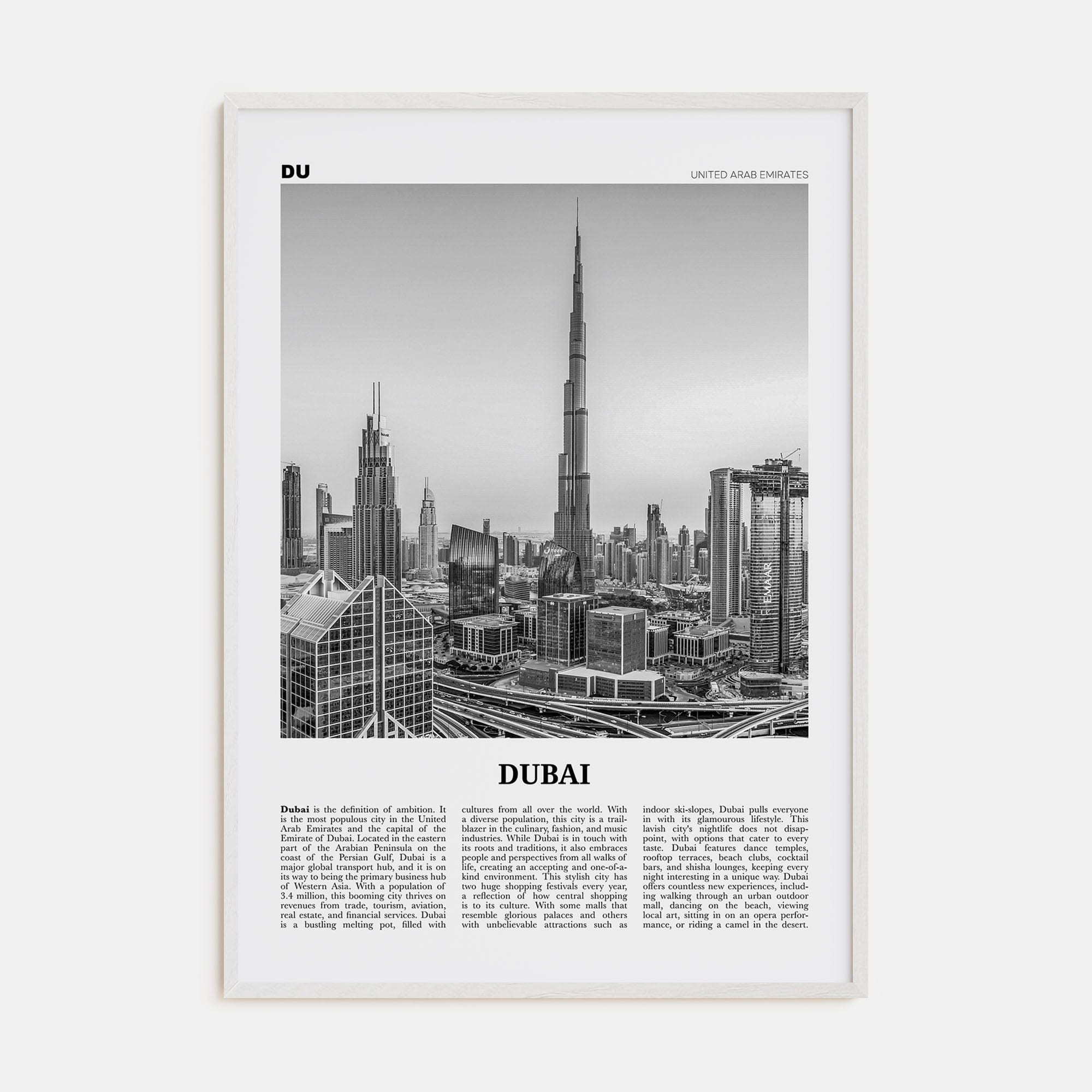 Dubai No 2 Poster White Wood / 8x12 in Nbourhood Travel B&W Poster