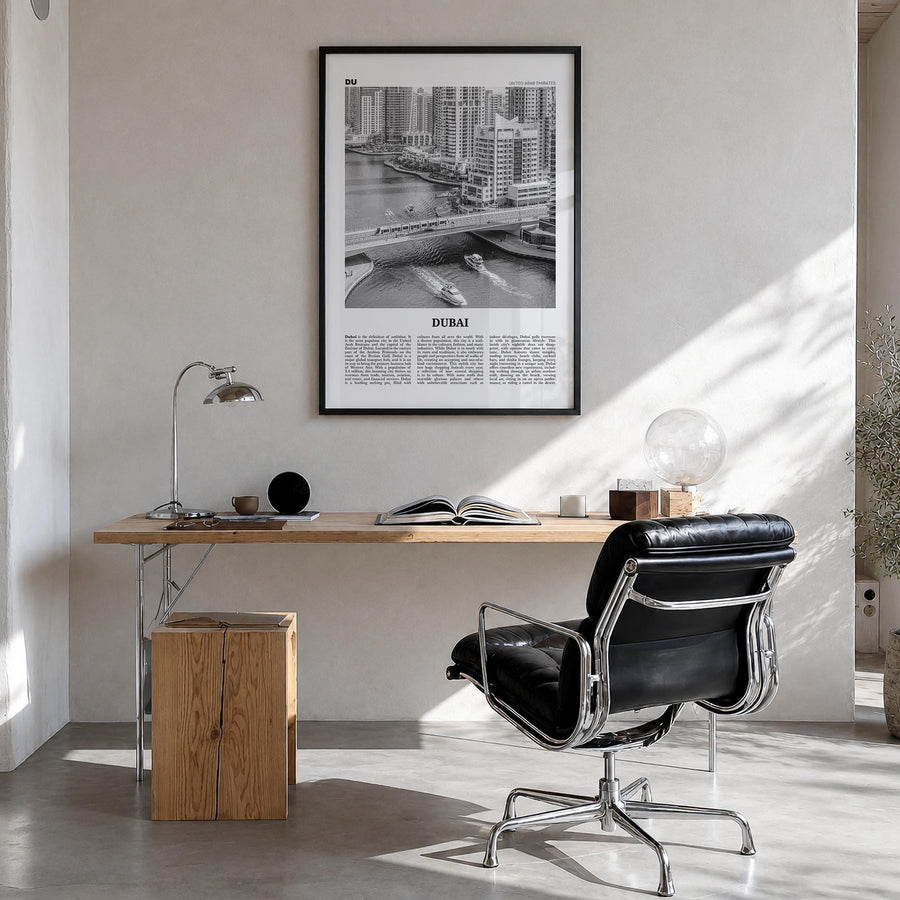 Dubai no. 3 black & white newspaper poster of United Arab Emirates – vertical wall art in black wood frame, hanging on wall