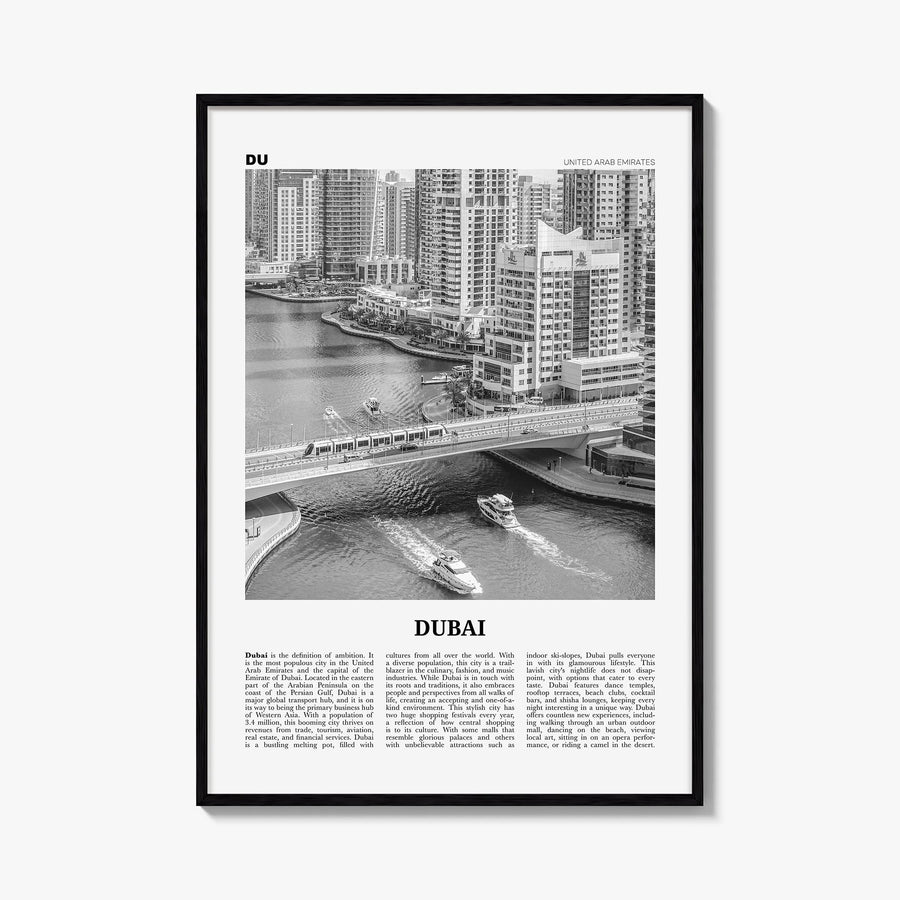 Dubai no. 3 black & white newspaper poster of United Arab Emirates – vertical wall art, unframed print shown in interior mock