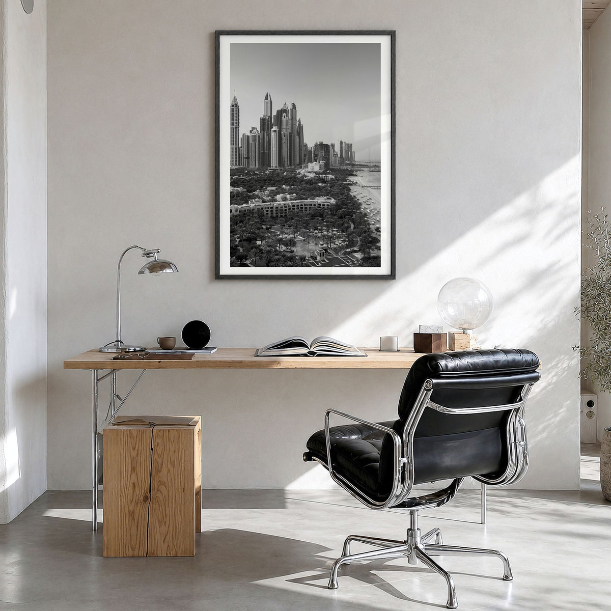Dubai Photo No 1 Poster in a black wood frame, hanging in a bright home office, white border