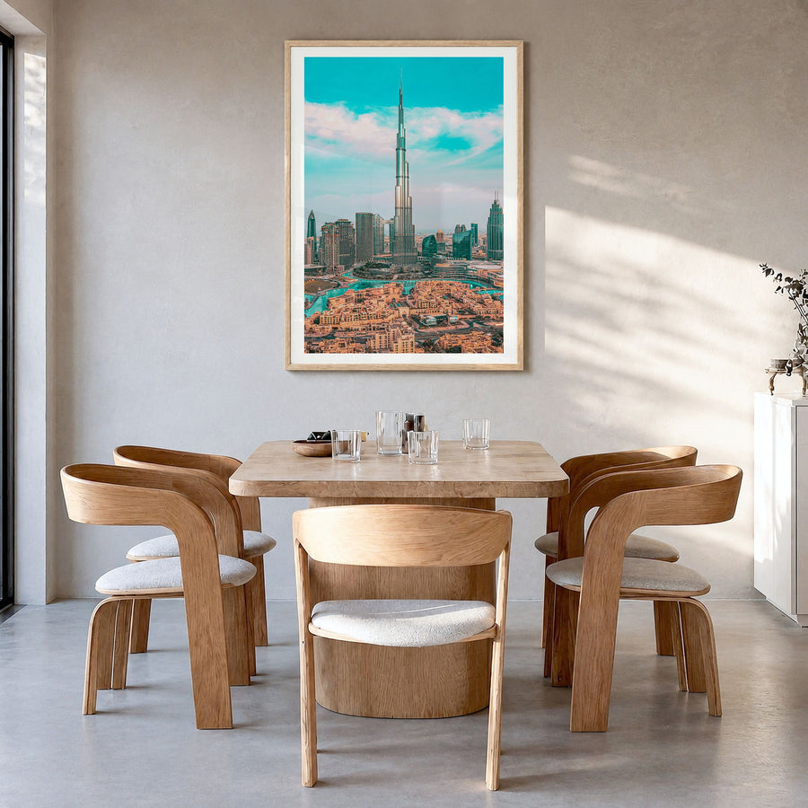 Dubai Photo No 1 Poster in a natural wood frame, hanging in a dining room, white border