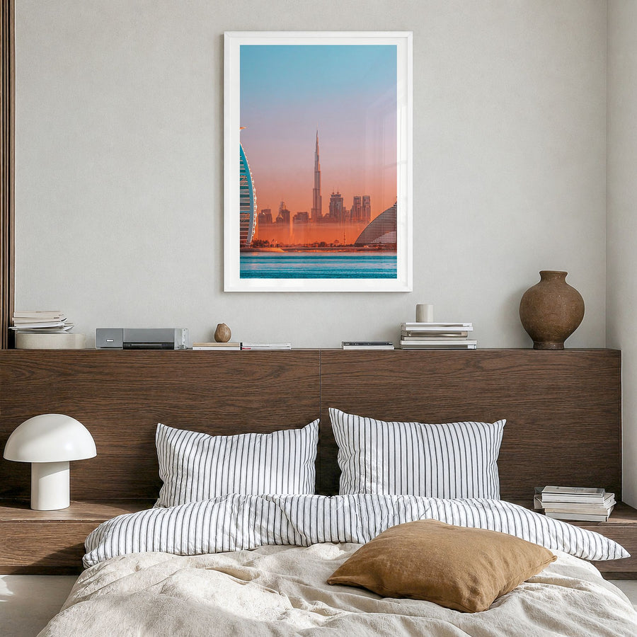 Dubai Photo No 2 Poster in a white wood frame, hanging in a bedroom, white border