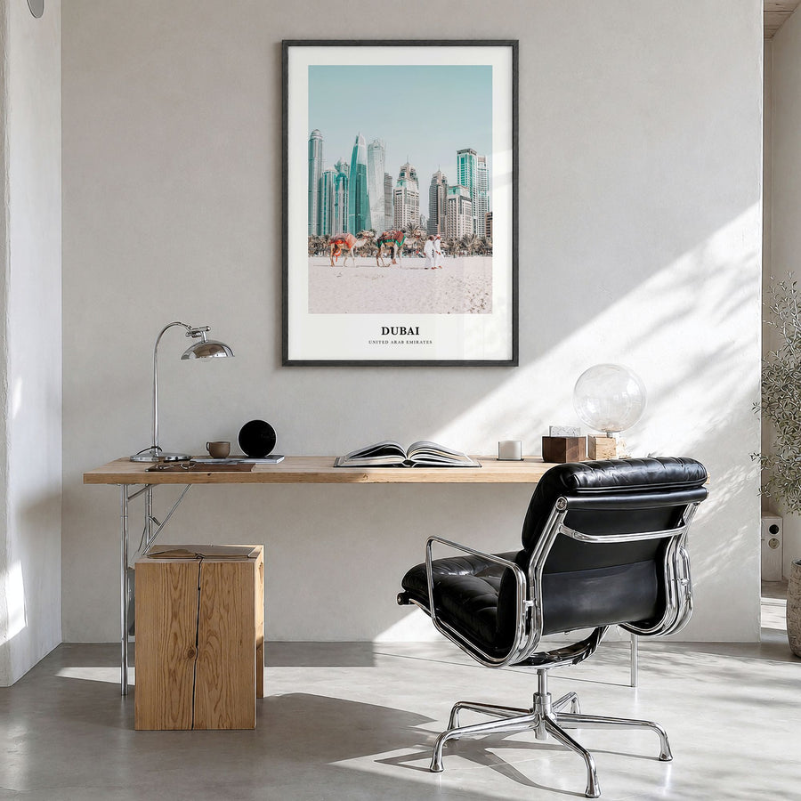 Dubai Classic Poster in a black wood frame, hanging in a bright home office