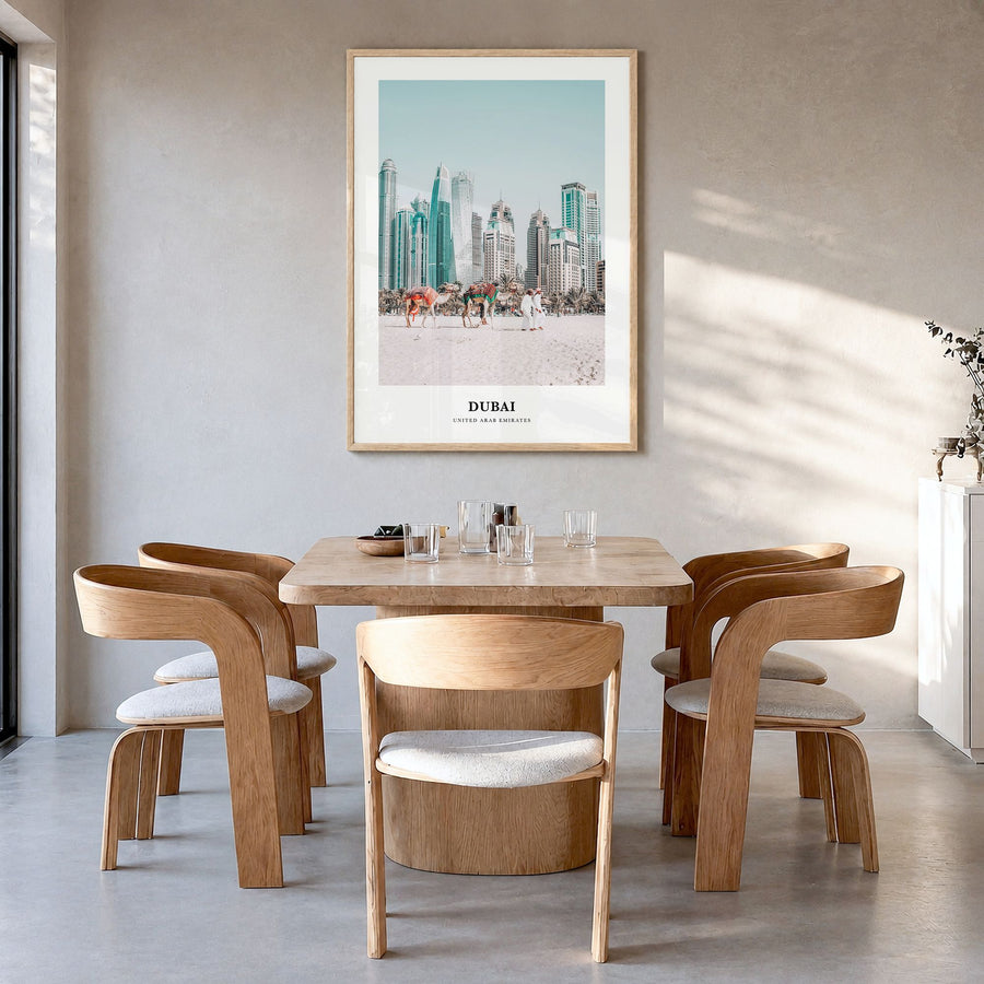 Dubai Classic Poster in a natural wood frame, hanging in a dining room