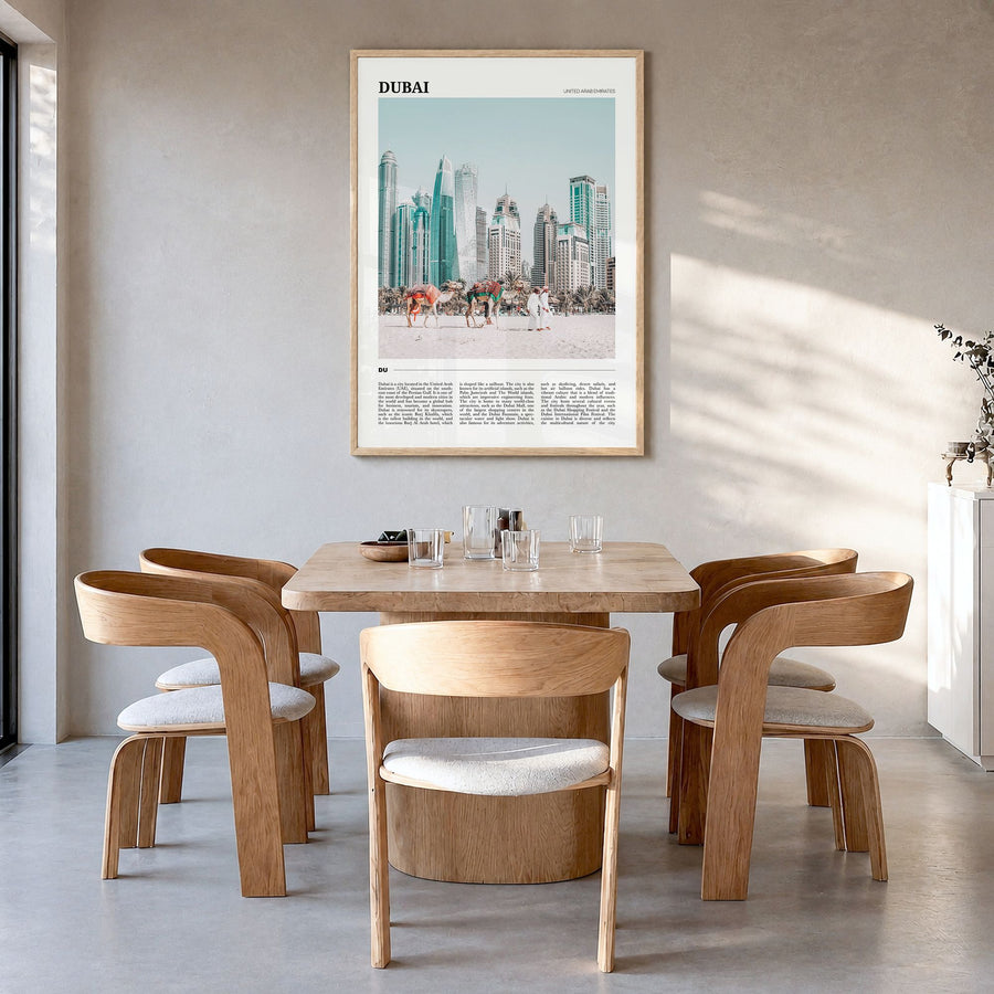 Dubai Travel Poster in a natural wood frame, hanging in a dining room