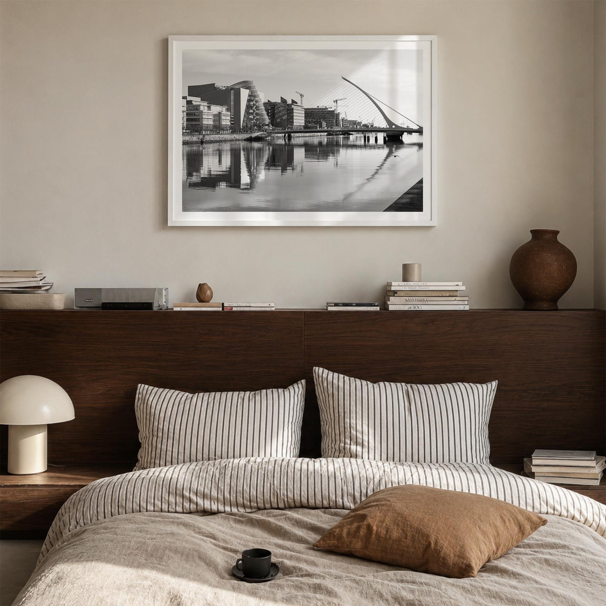 Dublin black & white photo poster of Ireland – horizontal wall art in white wood frame with white border, hanging on wall