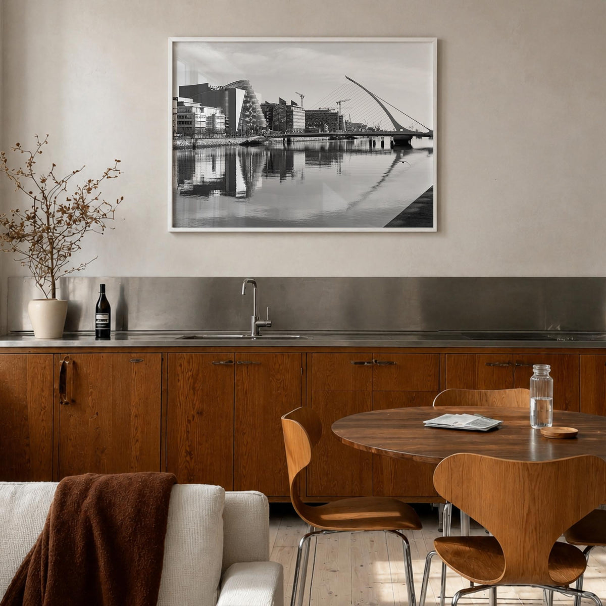 Dublin black & white photo poster of Ireland – horizontal wall art in white wood frame, hanging on wall