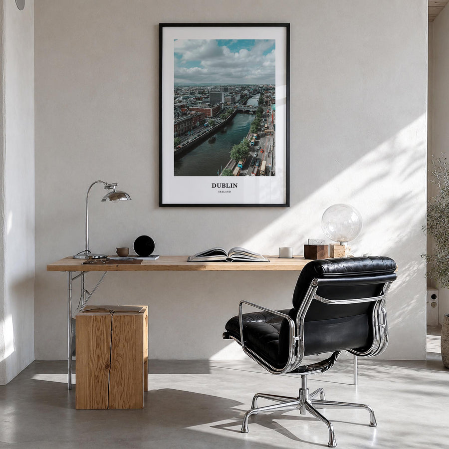 Dublin colorful classic poster of Ireland – vertical wall art in black wood frame, hanging on wall
