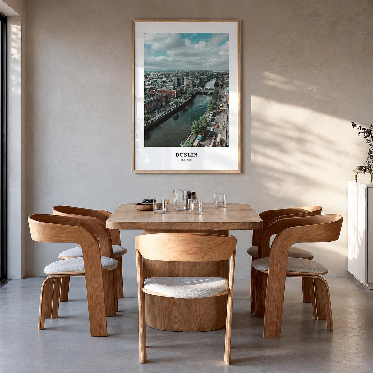 Dublin colorful classic poster of Ireland – vertical wall art in natural wood frame, hanging on wall