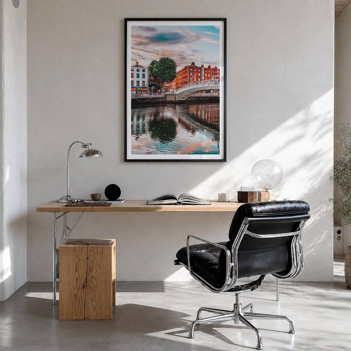 Dublin colorful photo poster of Ireland – vertical wall art in black wood frame with white border, hanging on wall