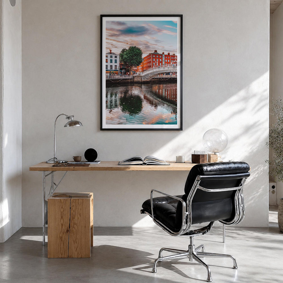 Dublin colorful photo poster of Ireland – vertical wall art in black wood frame with white border, hanging on wall