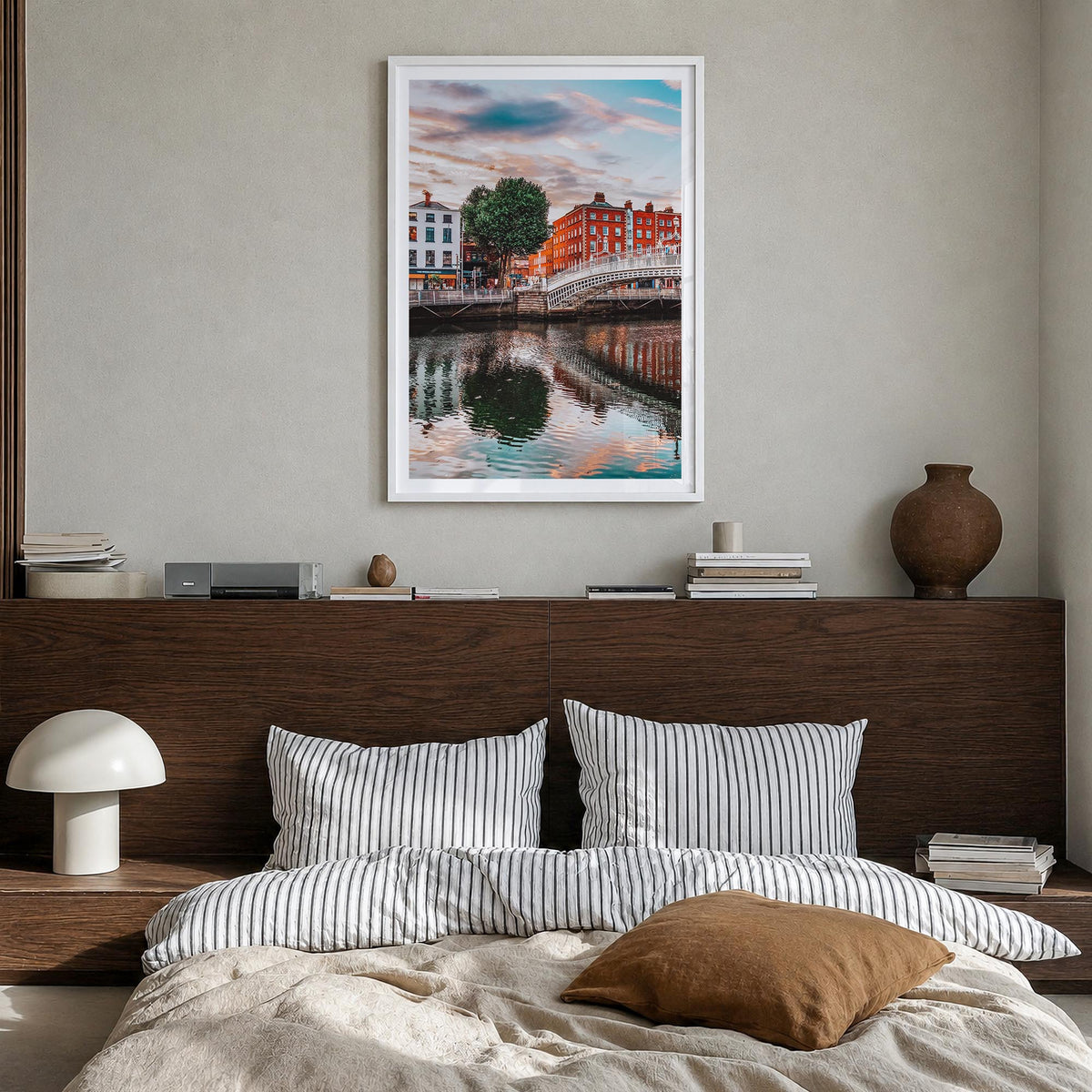 Dublin colorful photo poster of Ireland – vertical wall art in white wood frame with white border, hanging on wall