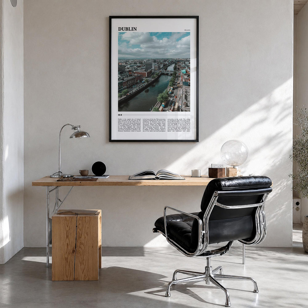 Dublin colorful travel poster of Ireland – vertical wall art in black wood frame, hanging on wall