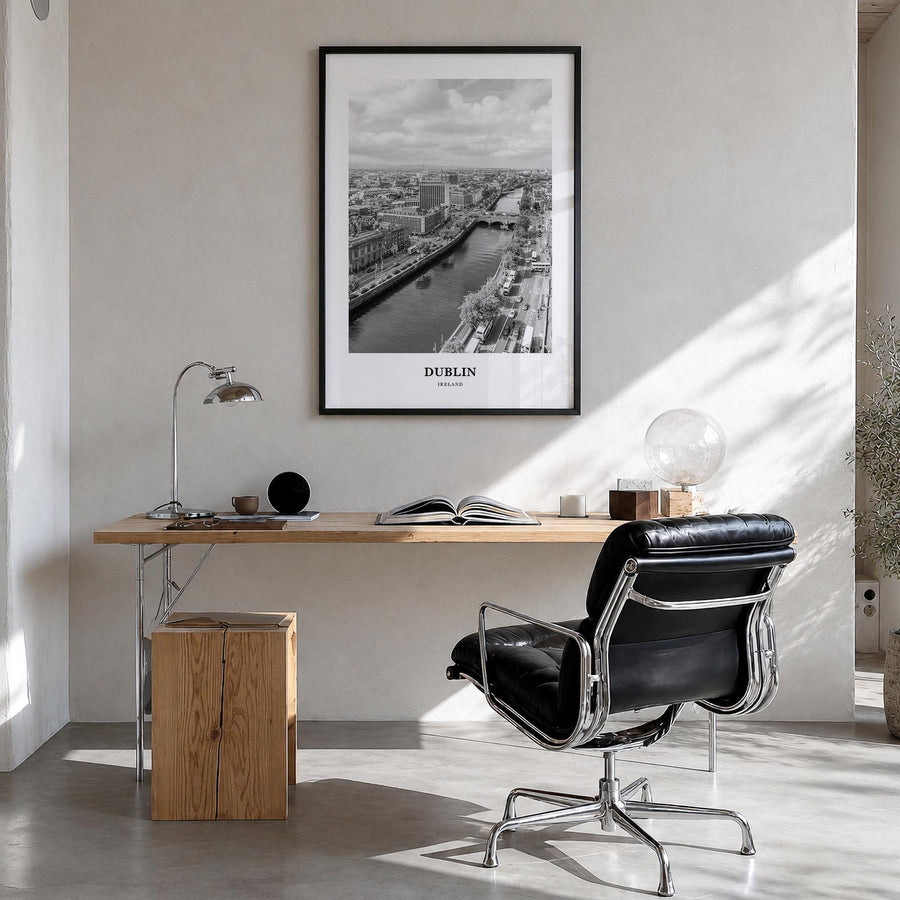 Dublin no. 1 black & white classic poster of Ireland – vertical wall art in black wood frame, hanging on wall