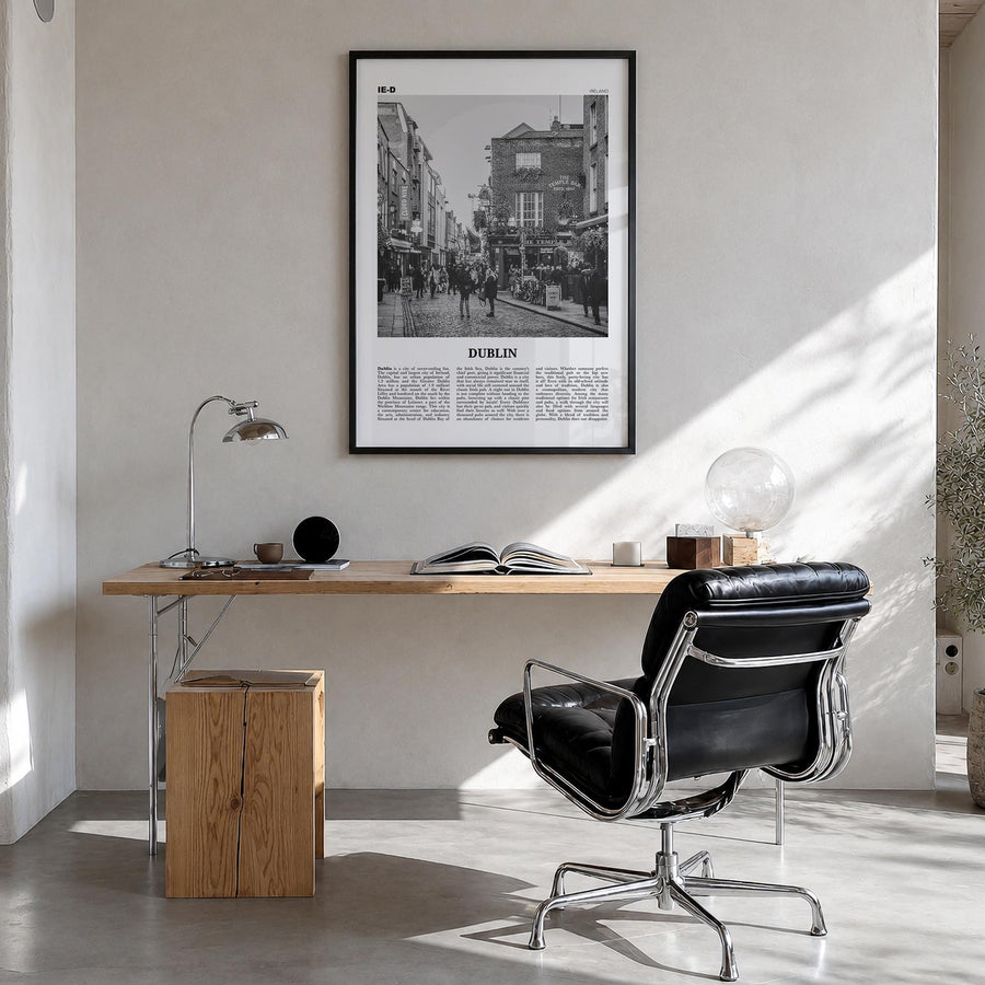 Dublin no. 1 black & white newspaper poster of Ireland – vertical wall art in black wood frame, hanging on wall