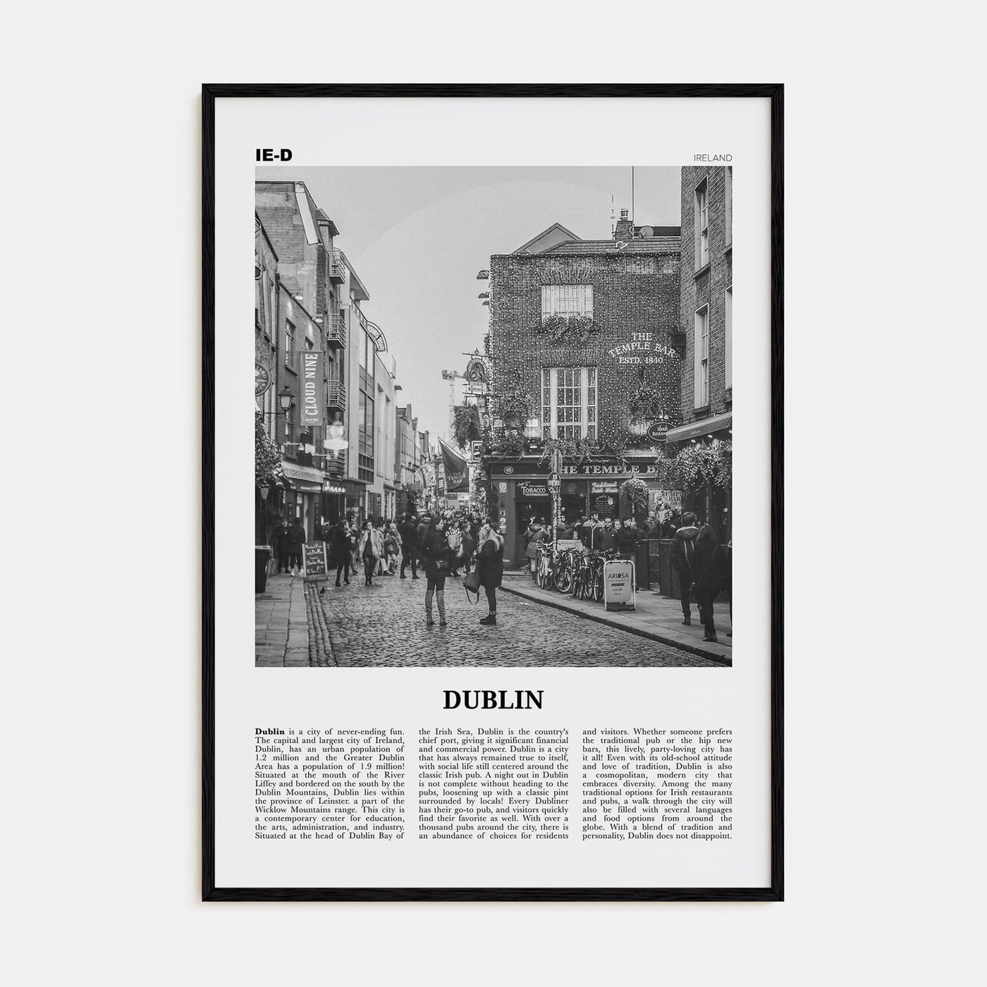 Dublin No 1 Poster Black Wood / 8x12 in Nbourhood Travel B&W Poster