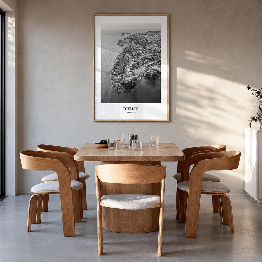 Dublin no. 2 black & white classic poster of Ireland – vertical wall art in natural wood frame, hanging on wall