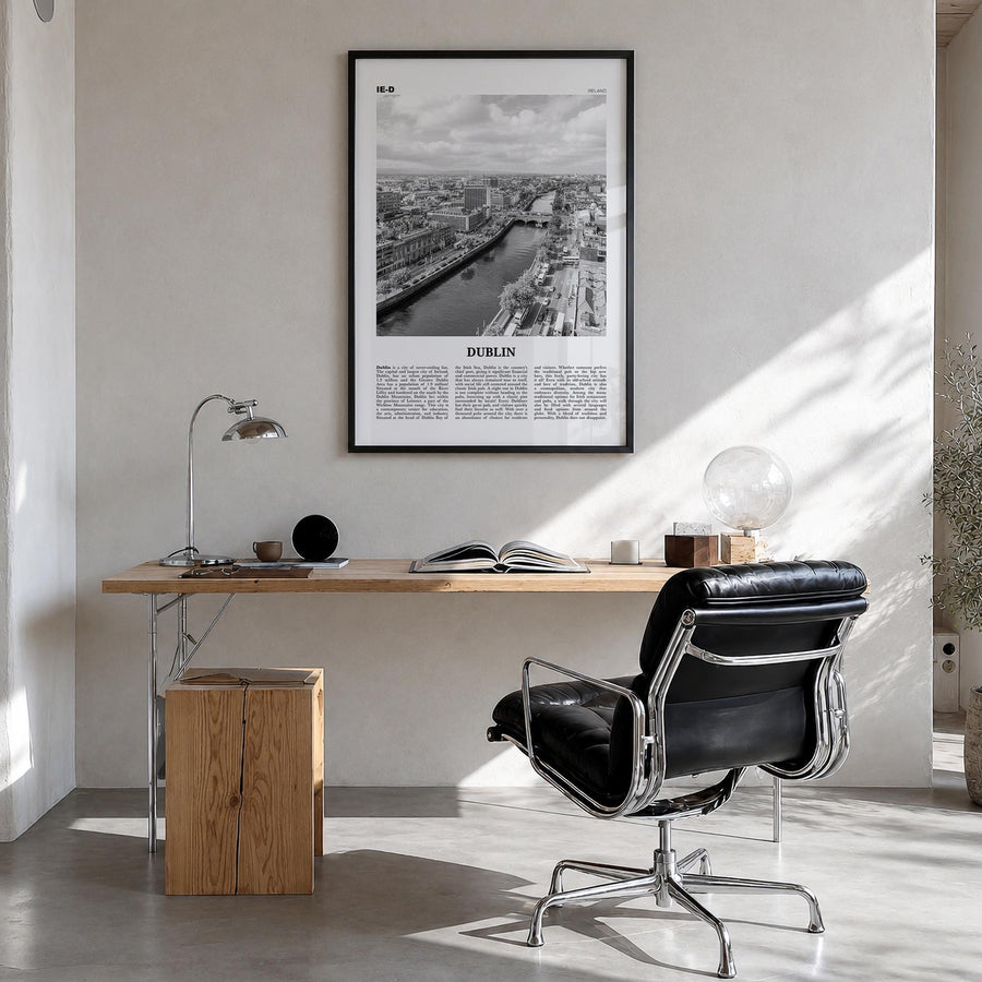Dublin no. 2 black & white newspaper poster of Ireland – vertical wall art in black wood frame, hanging on wall