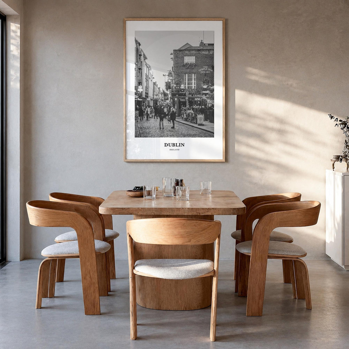 Dublin no. 3 black & white classic poster of Ireland – vertical wall art in natural wood frame, hanging on wall