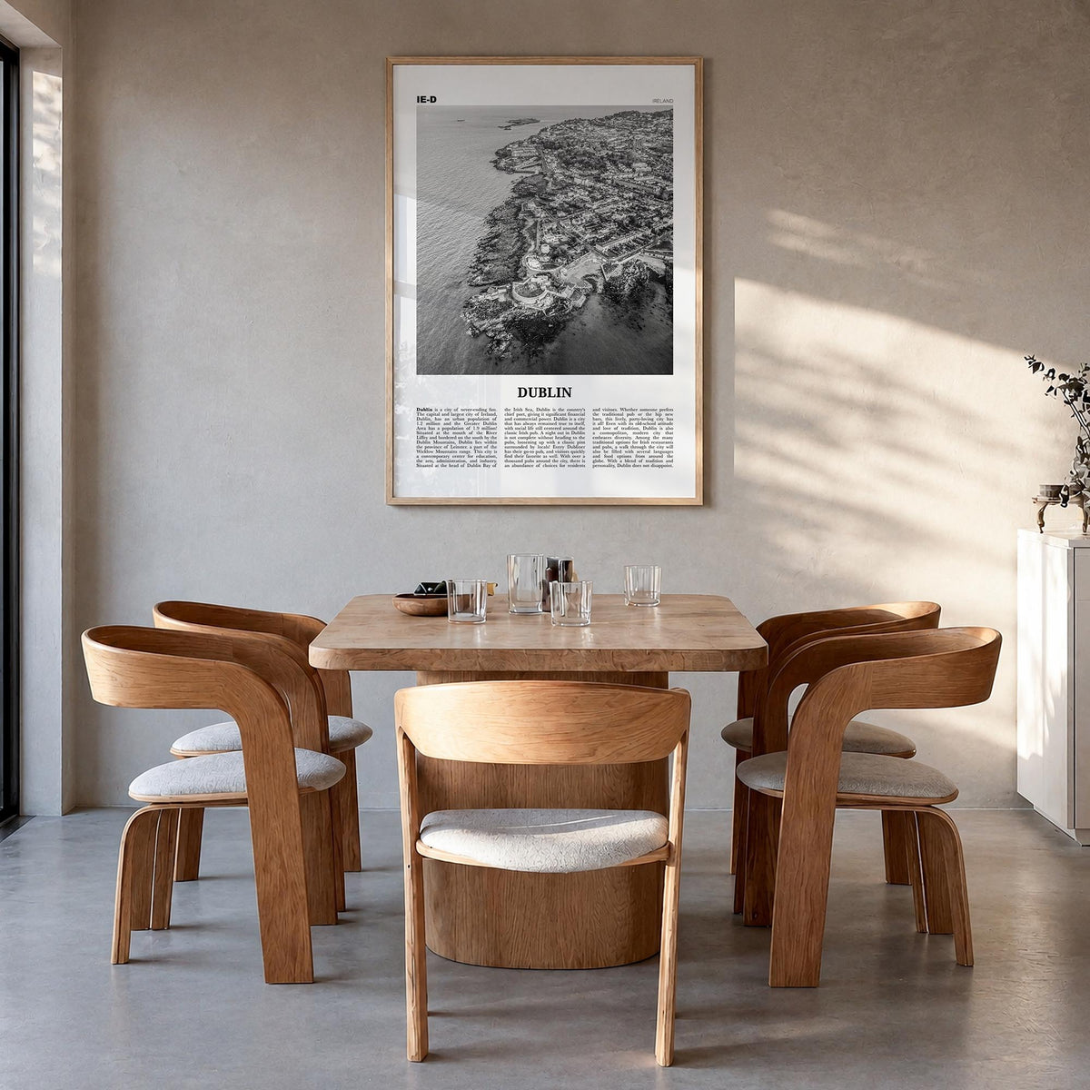 Dublin no. 3 black & white newspaper poster of Ireland – vertical wall art in natural wood frame, hanging on wall