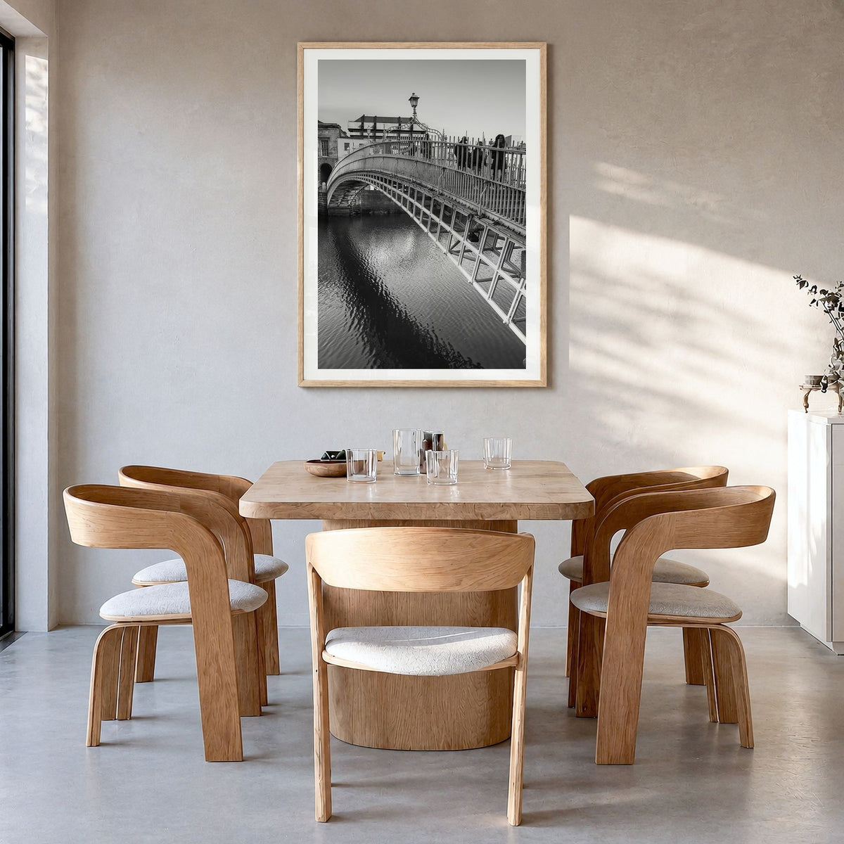 Dublin Photo No 2 Poster in a natural wood frame, hanging in a dining room, white border