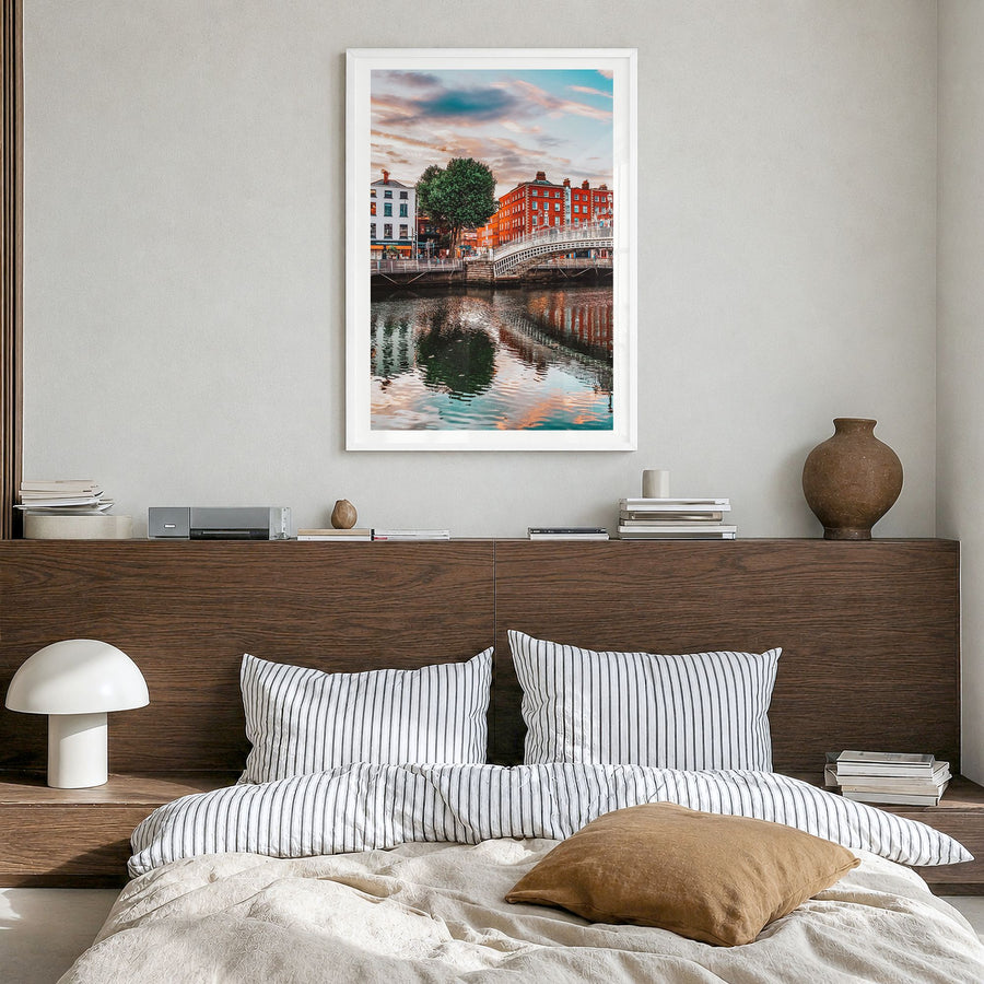 Dublin Photo Poster in a white wood frame, hanging in a bedroom, white border