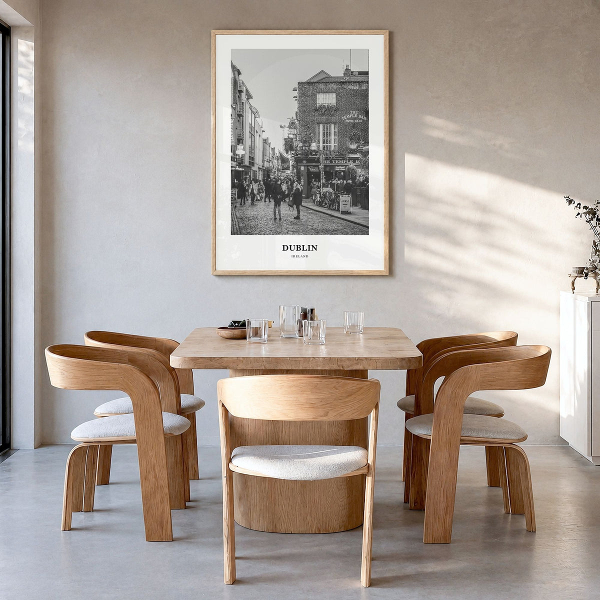 Dublin Classic No 3 Poster in a natural wood frame, hanging in a dining room