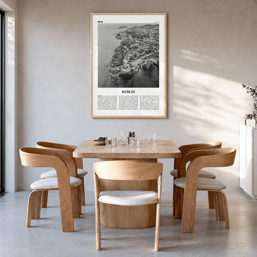 Dublin Newspaper No 3 Poster in a natural wood frame, hanging in a dining room